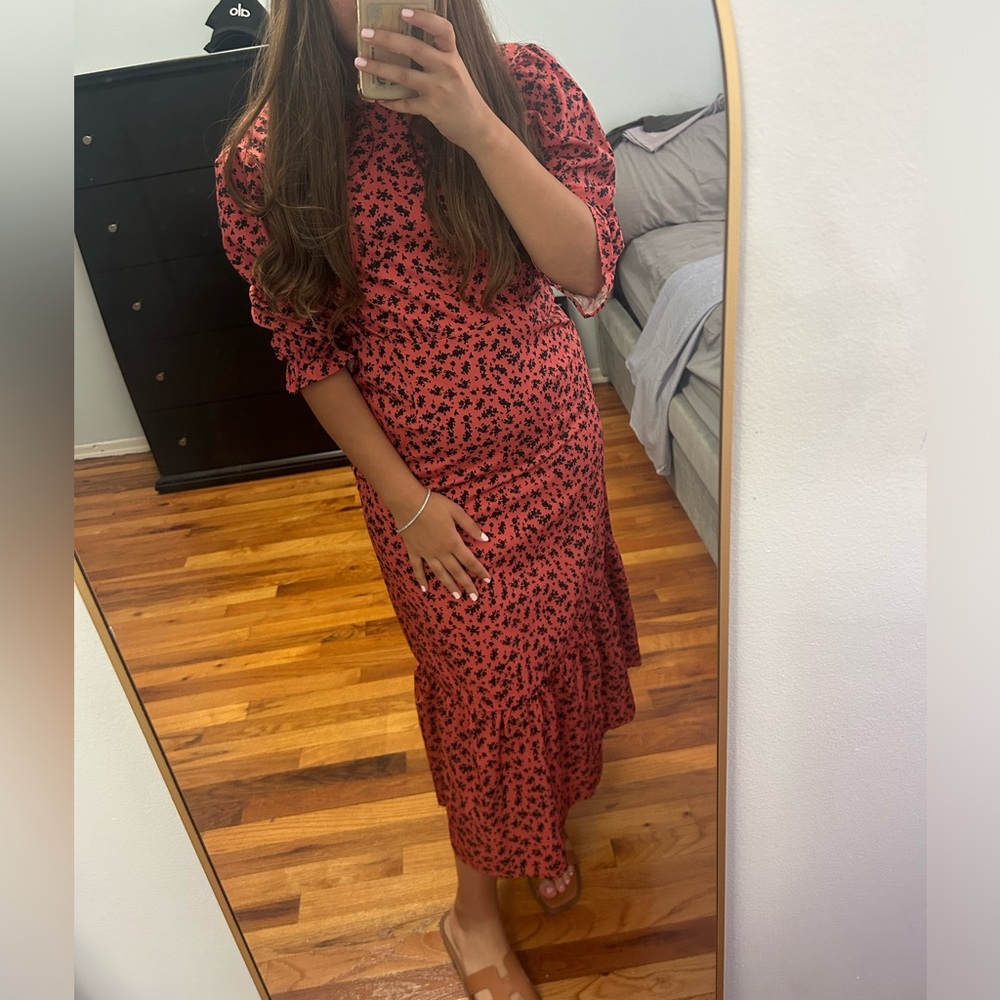 Floral Puff-Sleeve Maxi Dress in Coral